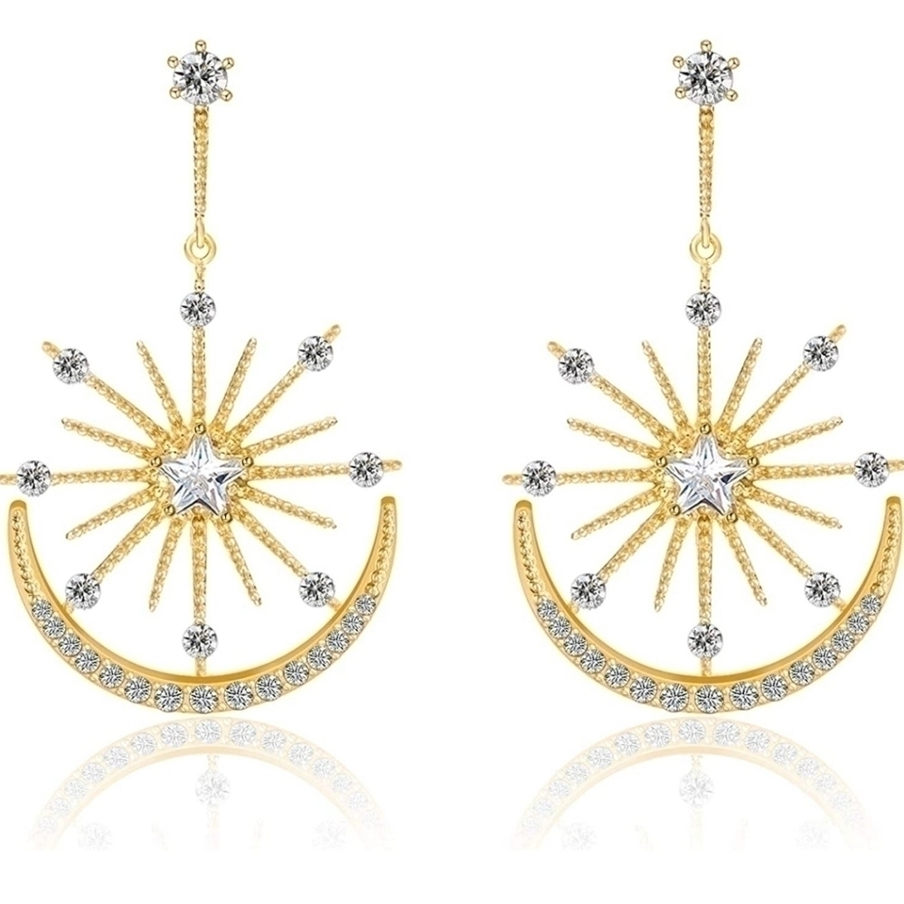 MOON and Star Crystal Drop Dangle Earrings Statement Rhinestone Gold